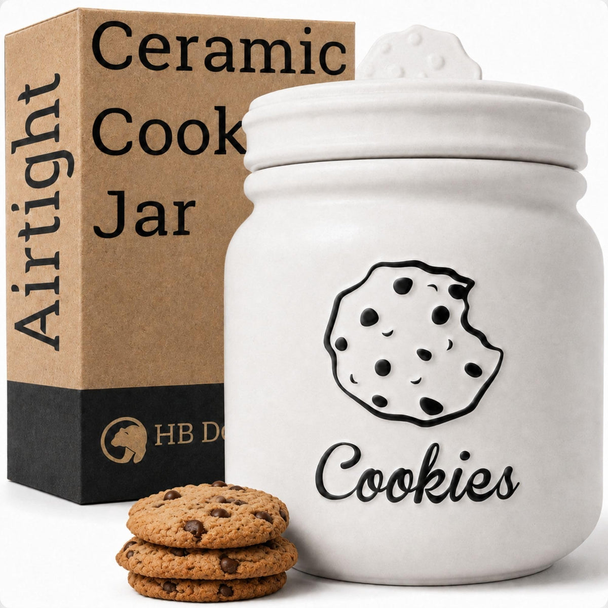 HB Design Co. front view of ceramic cookie jar showing shape and design, enhances countertop style
