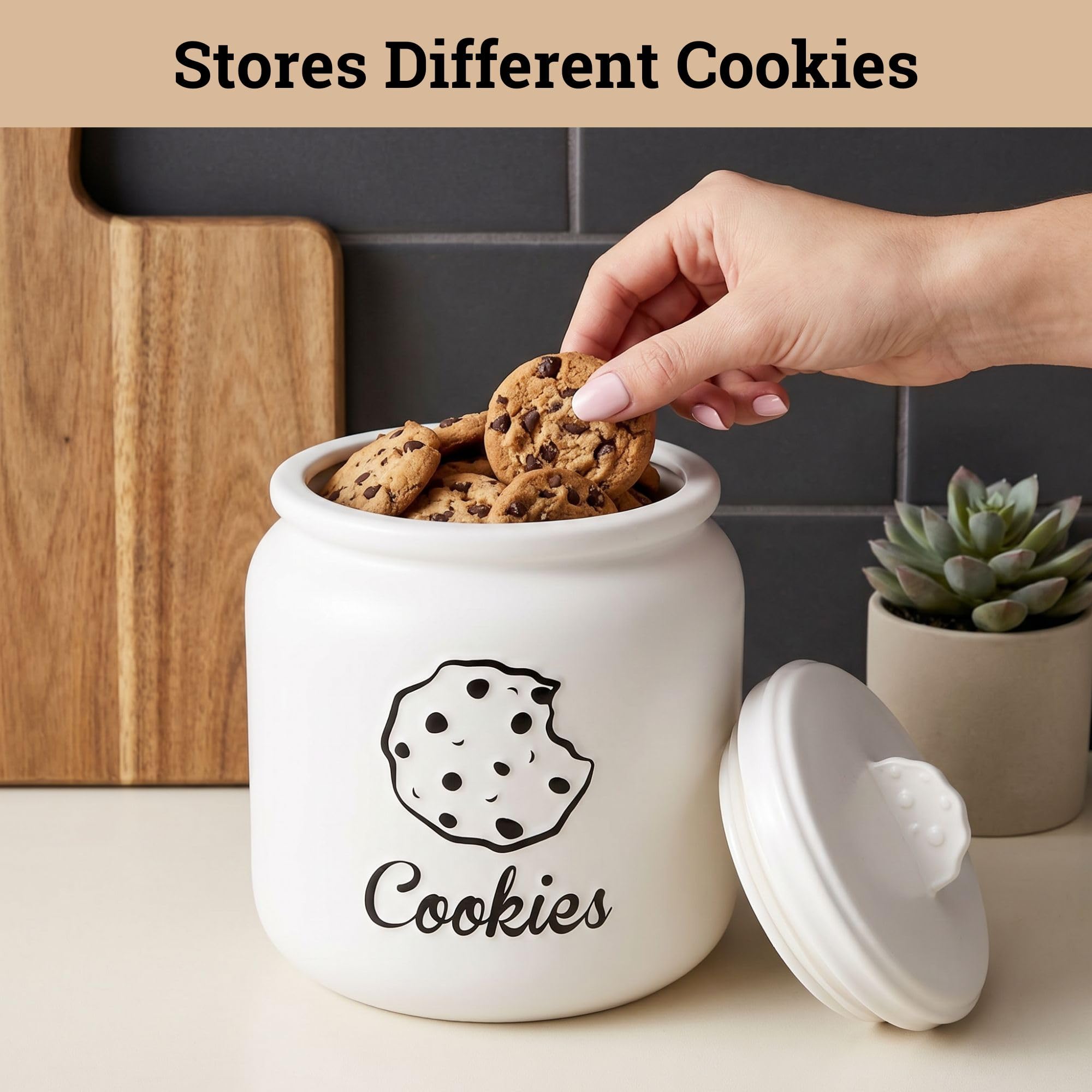 HB Design Co. interior view filled with cookies, highlights capacity and food-safe ceramic interior
