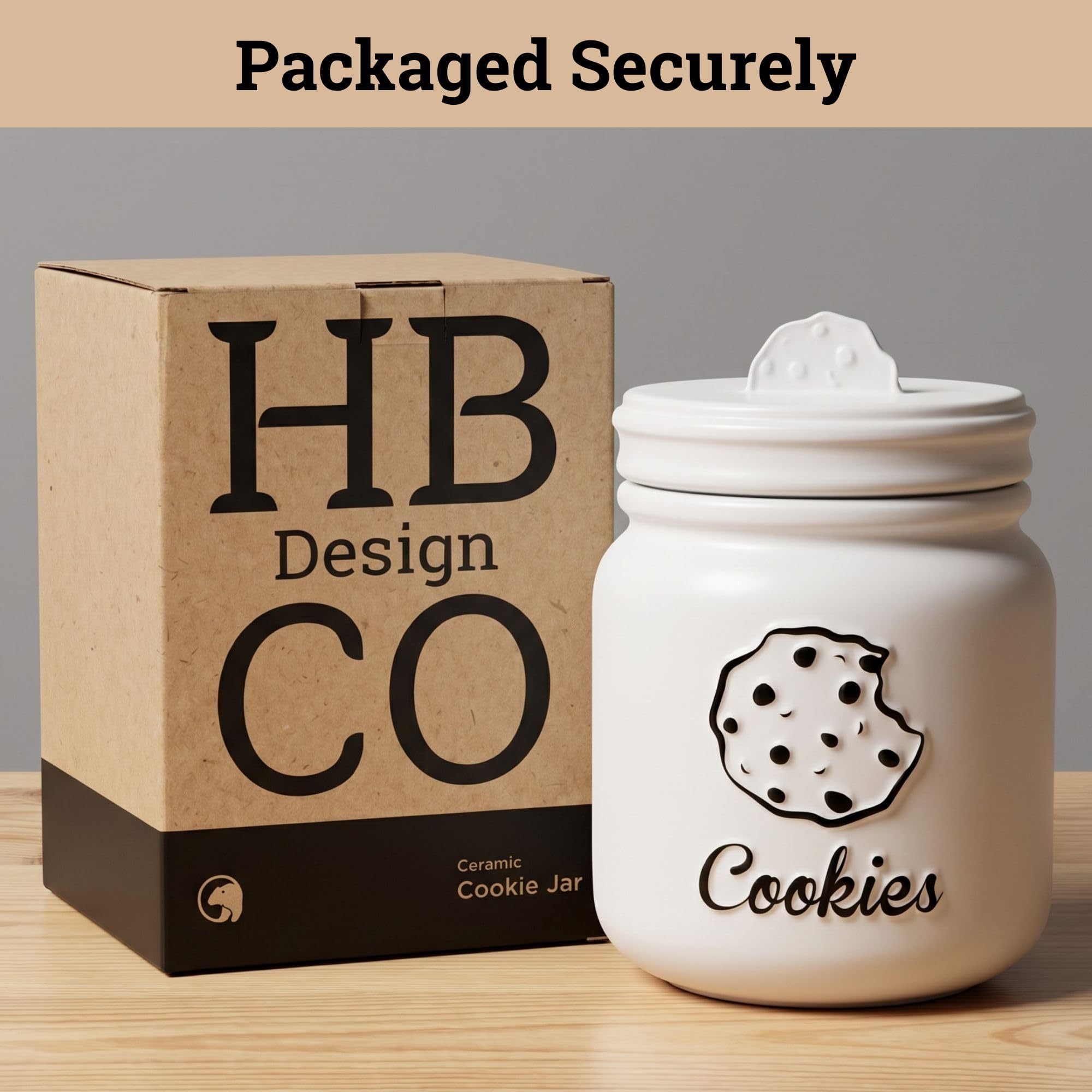 HB Design Co. cookie jar placed on coffee counter with mugs, enhances snack station styling