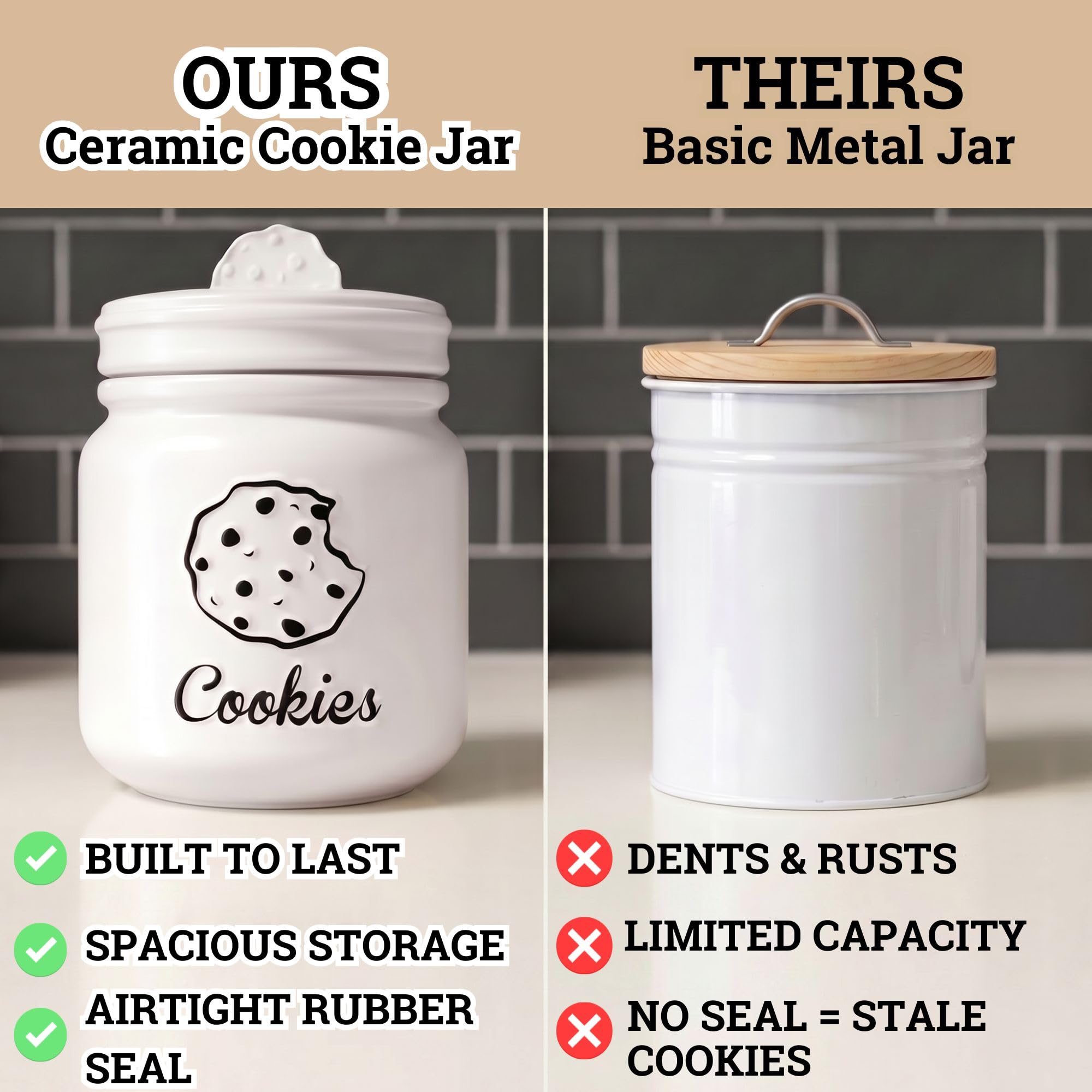 HB Design Co. cookie jar held in hand for scale, shows compact 6x8 inch size for counters