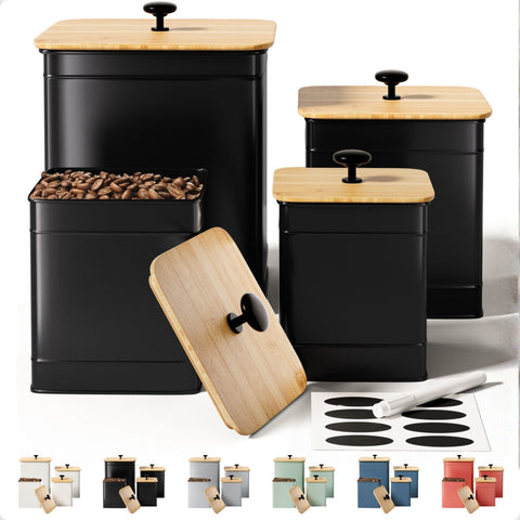 HB Design Co. four-canister front view showing matte black finish and bamboo lids, adds organized style