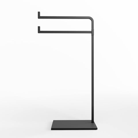 HB Design Co. front view of towel holder showing sleek matte black finish and vertical storage benefit