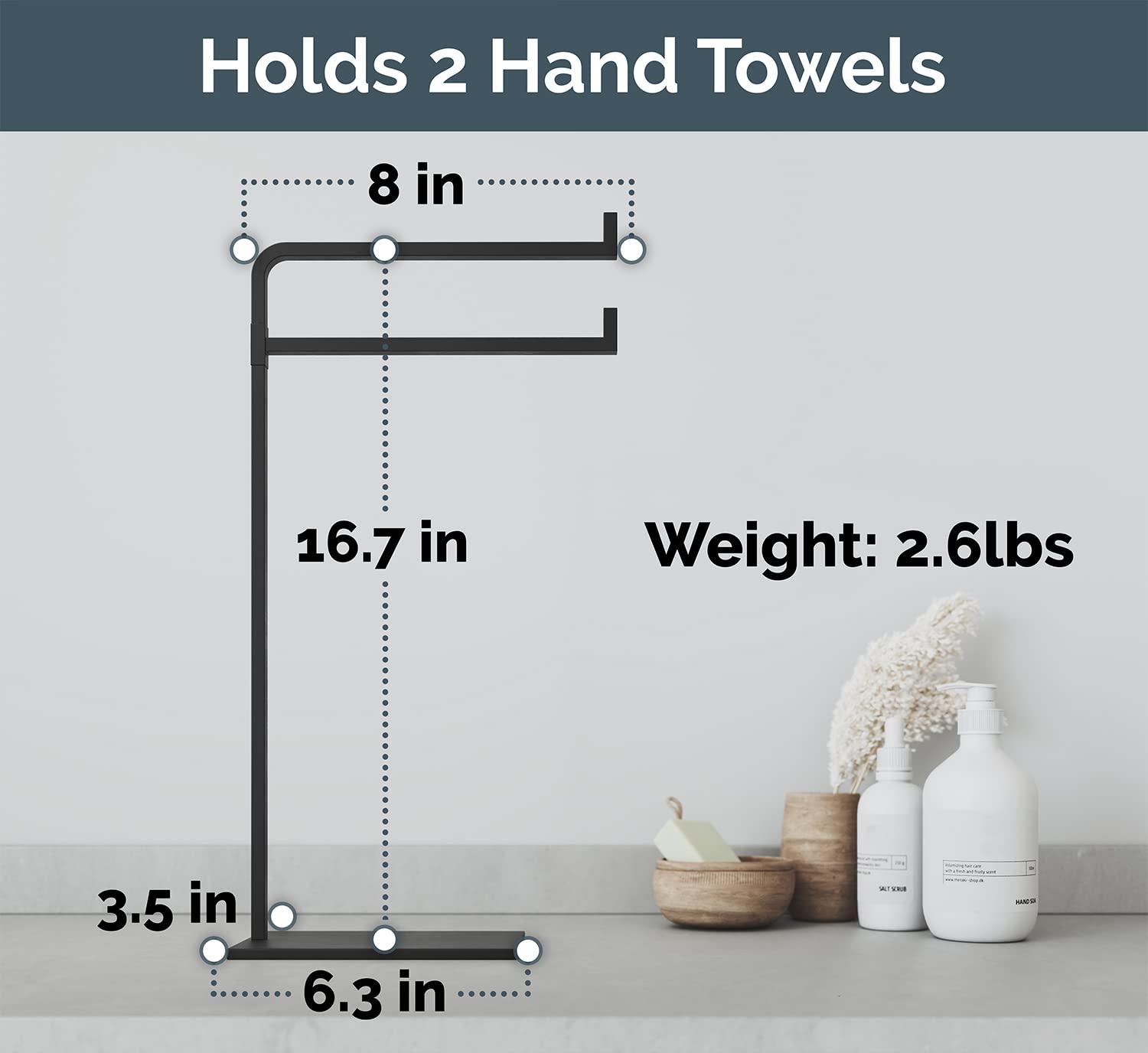 HB Design Co. freestanding towel holder on bathroom counter adding modern style and function