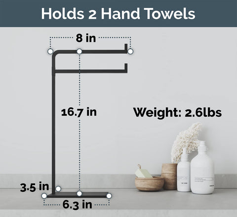 HB Design Co. freestanding towel holder on bathroom counter adding modern style and function
