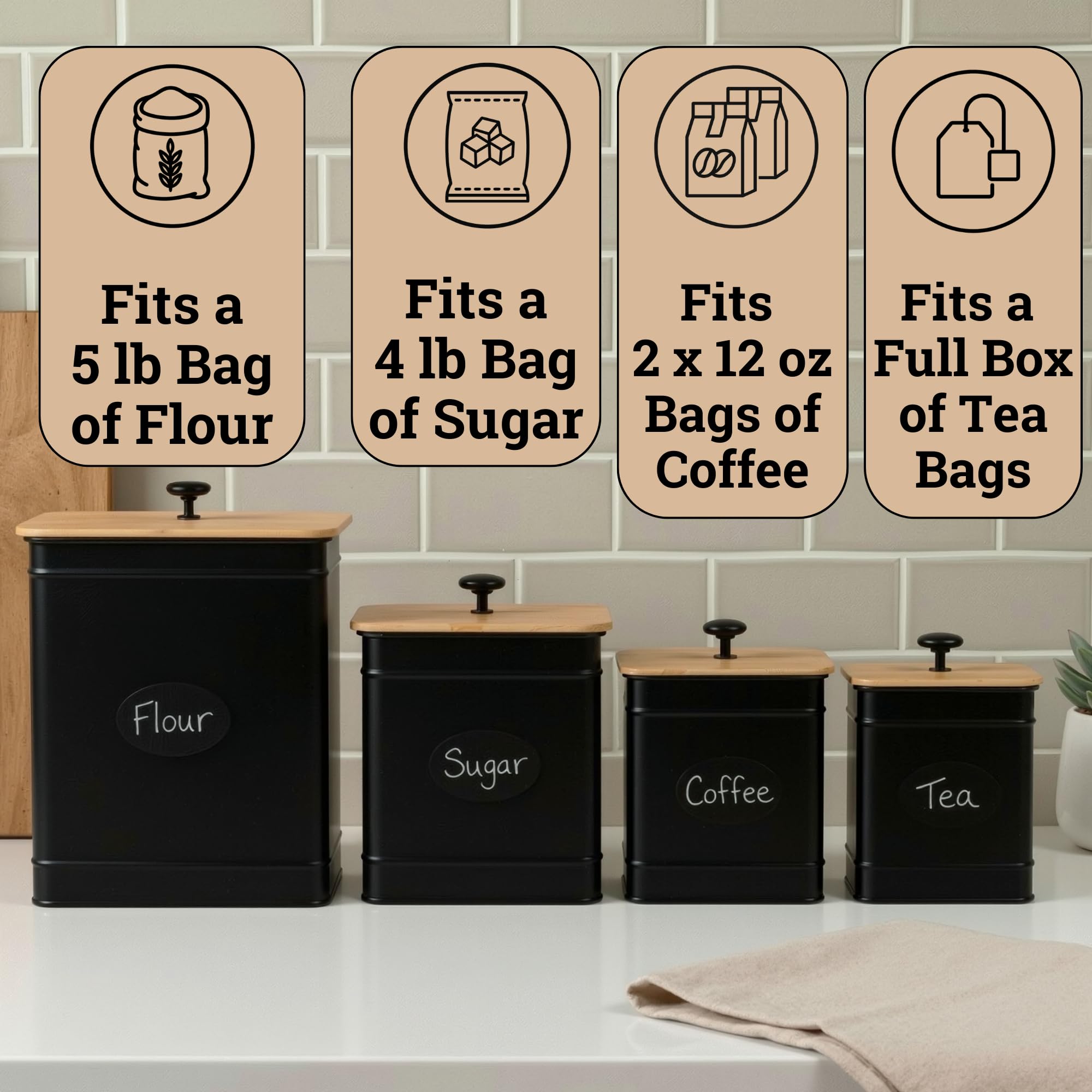 HB Design Co. three canisters staggered to show graduated heights and countertop space saving