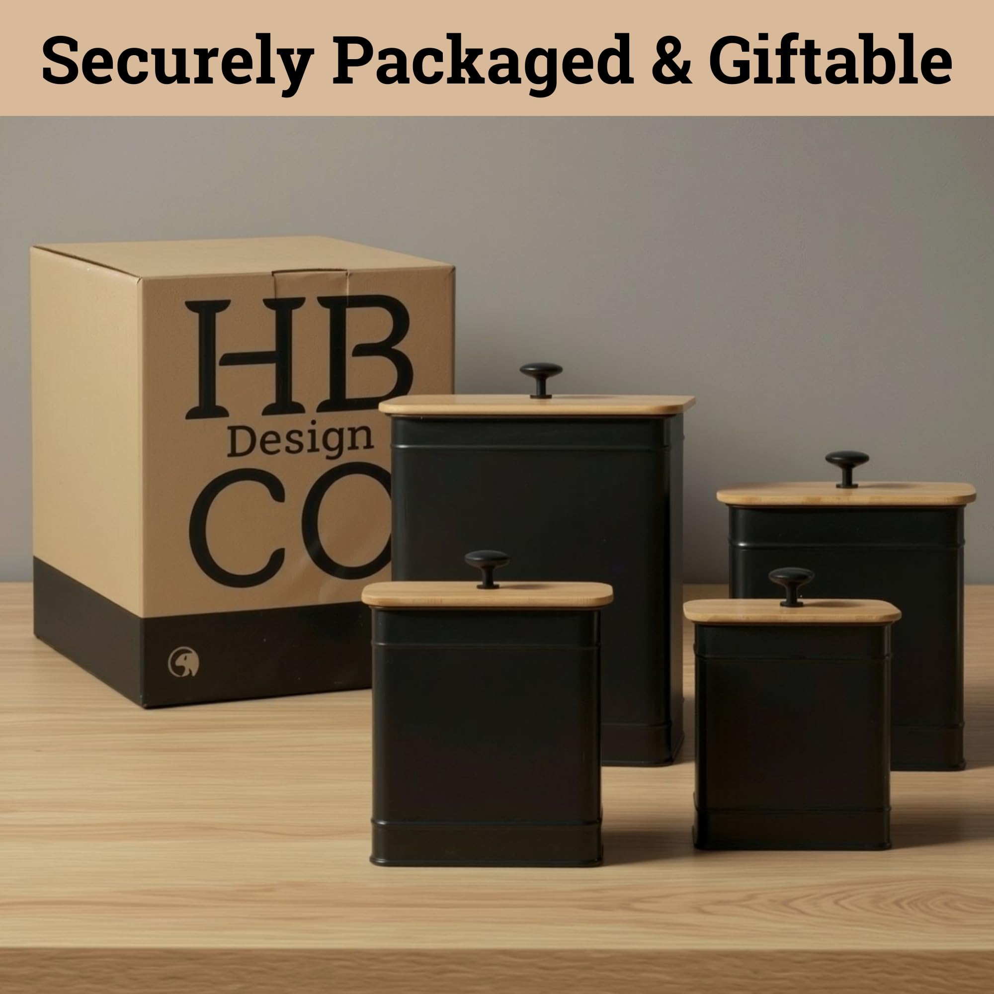 HB Design Co. canister next to measuring cup for scale, shows large mouth fits scoops and spoons