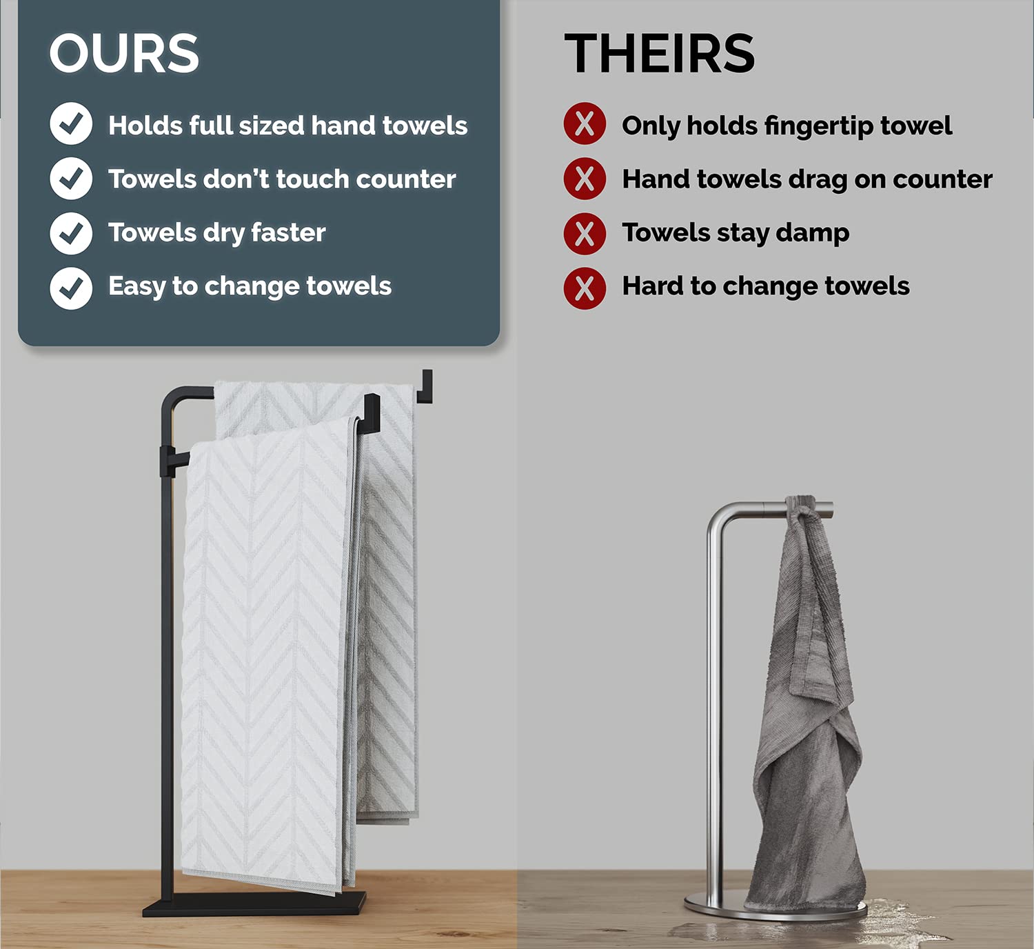 HB Design Co. towel holder beside a ruler showing 17 inch height for standard towel fit