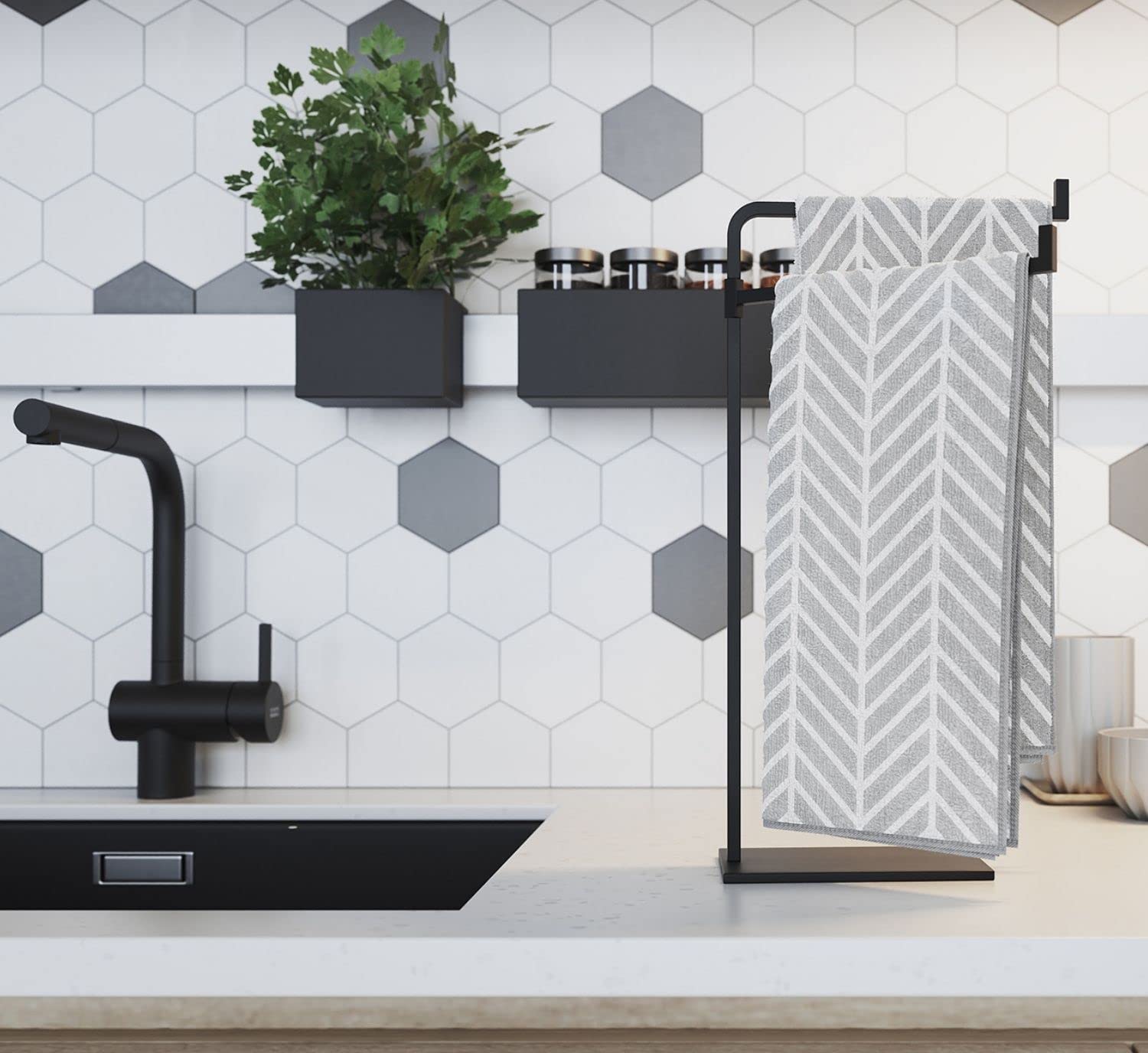 HB Design Co. two full-size hand towels on stand demonstrating organized, reachable storage