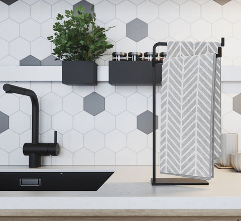 HB Design Co. two full-size hand towels on stand demonstrating organized, reachable storage