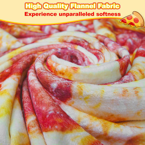HDFK pizza blanket beside a person to show 71 inch size and adult coverage
