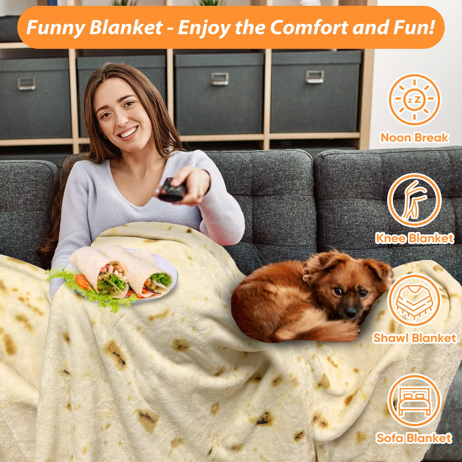 HDFK tortilla blanket draped on couch adding whimsical decor and cozy seating comfort