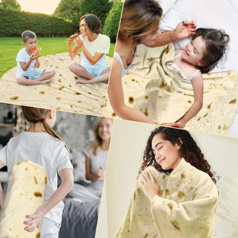 HDFK tortilla blanket wrapped around person showing full-size coverage and playful style
