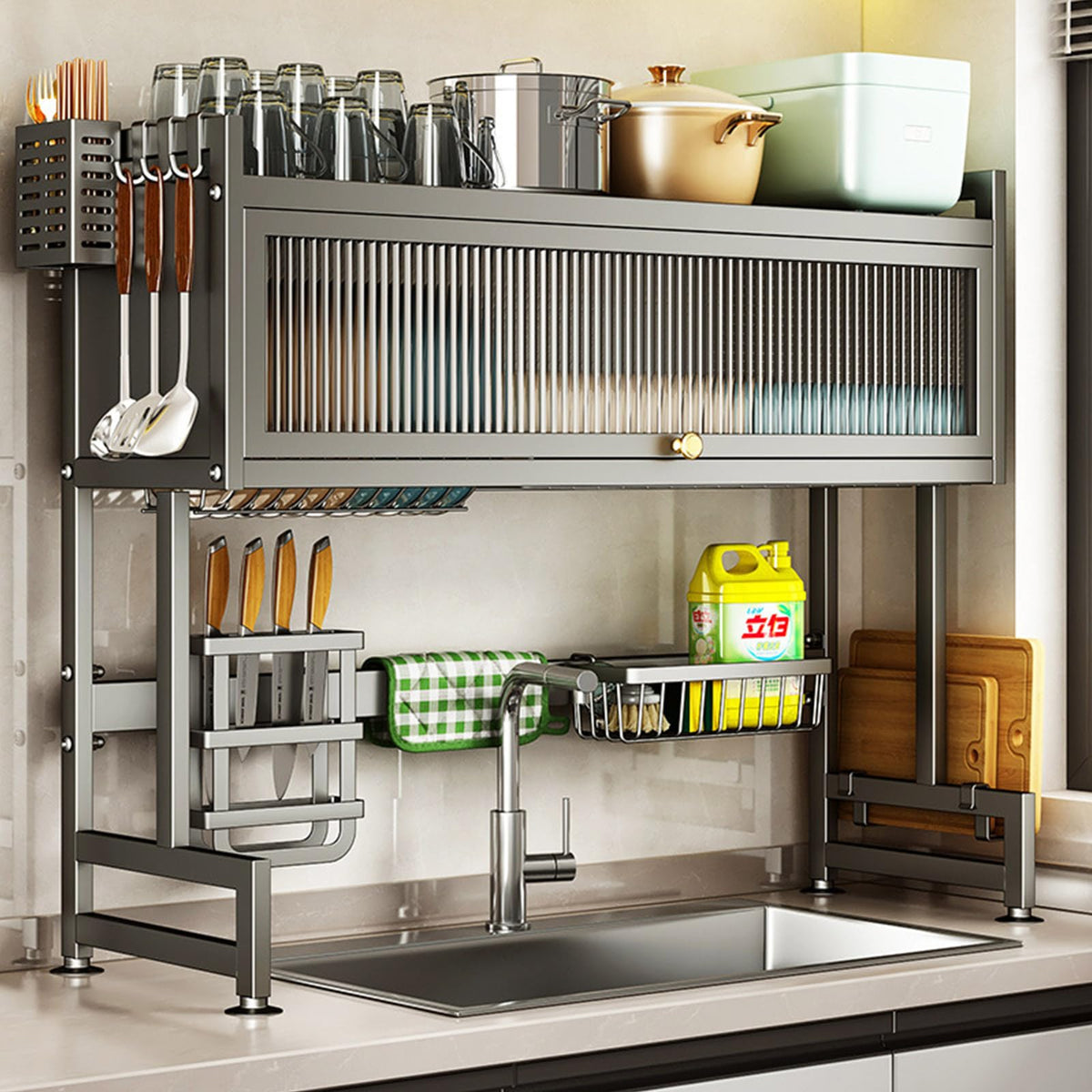 Hdrriozu front view with cover protecting dishes for cleaner drying