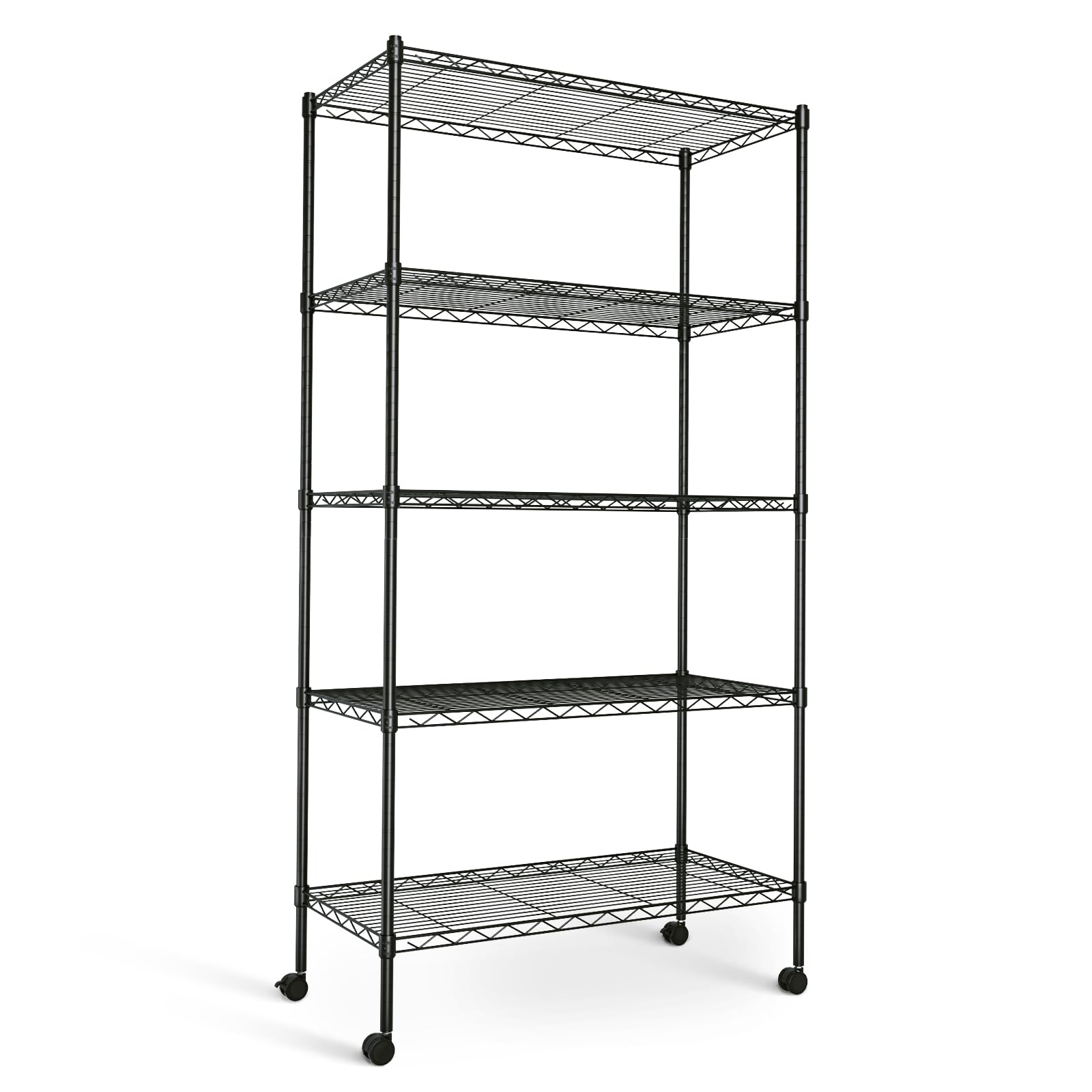 HealSmart front view of assembled shelving showing sturdy storage and space saving