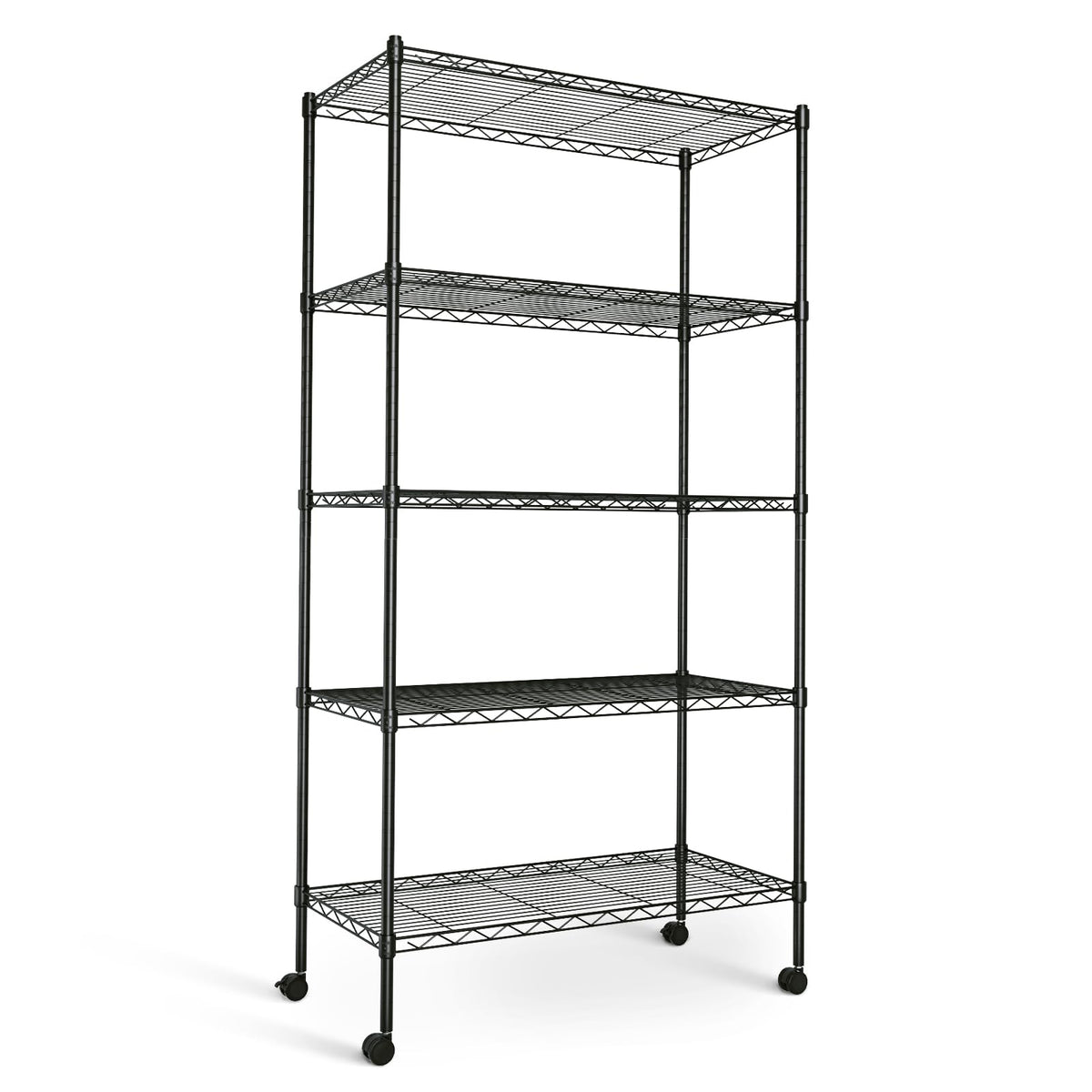 HealSmart front view of assembled shelving showing sturdy storage and space saving