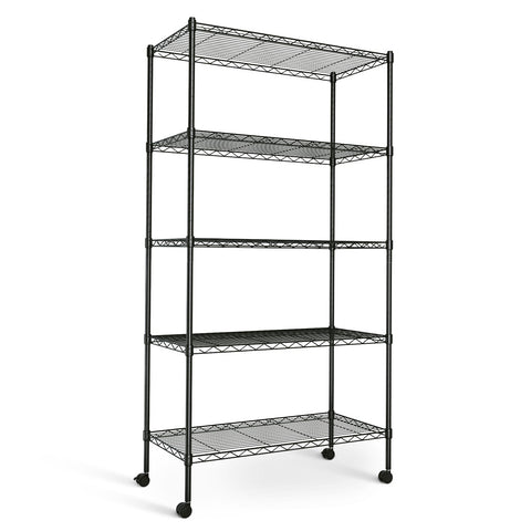 HealSmart front view of assembled shelving showing sturdy storage and space saving