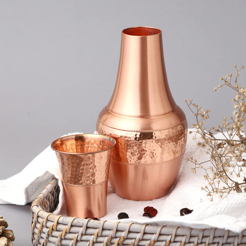 HealthGoodsIn copper pitcher close detail showing handcrafted finish and durable quality
