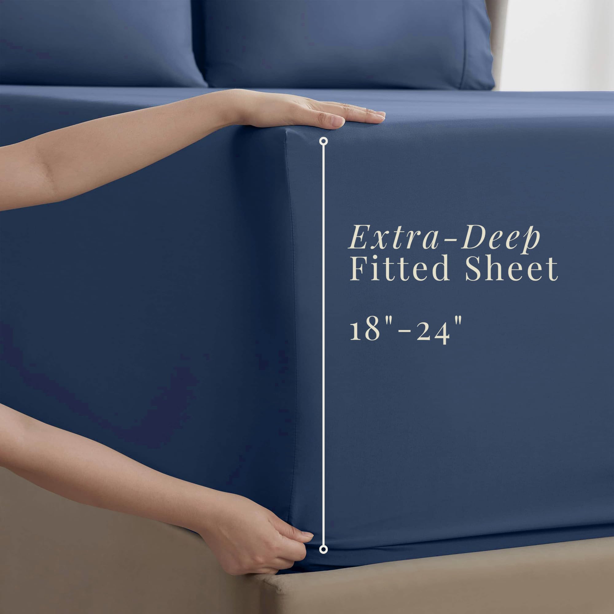 Hearth & Harbor fitted sheet corner with extra deep pocket showing secure fit benefit