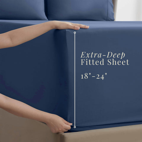 Hearth & Harbor fitted sheet corner with extra deep pocket showing secure fit benefit