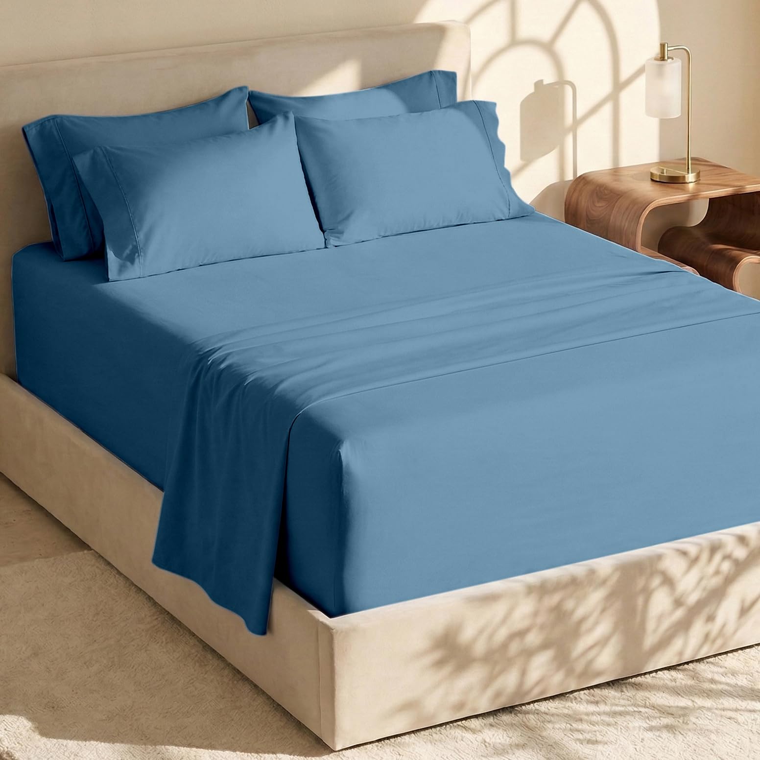 Hearth & Harbor front packaging showing Blue Heaven king sheet set and contents