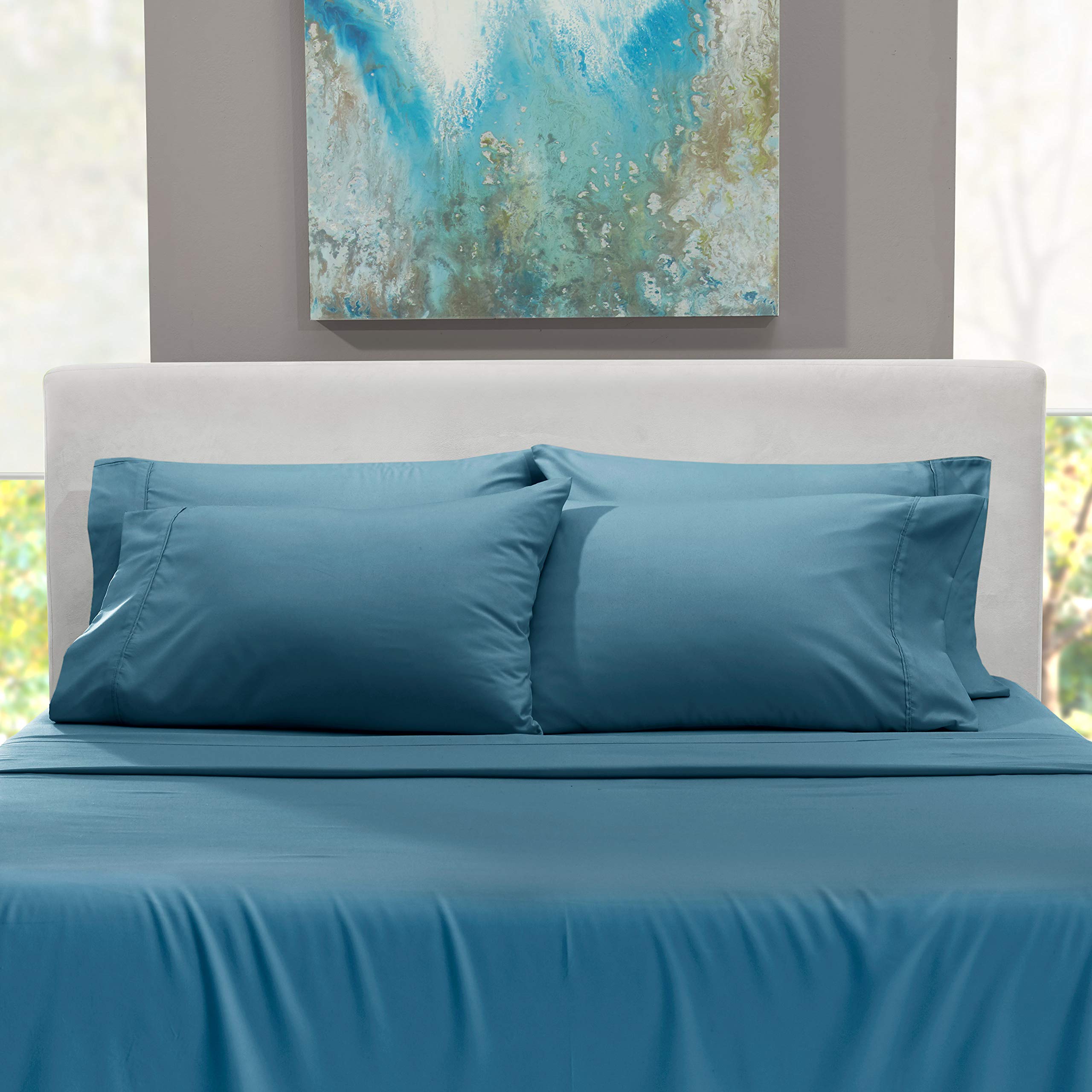 Hearth & Harbor styled bedroom with Blue Heaven sheets conveying serene comfort