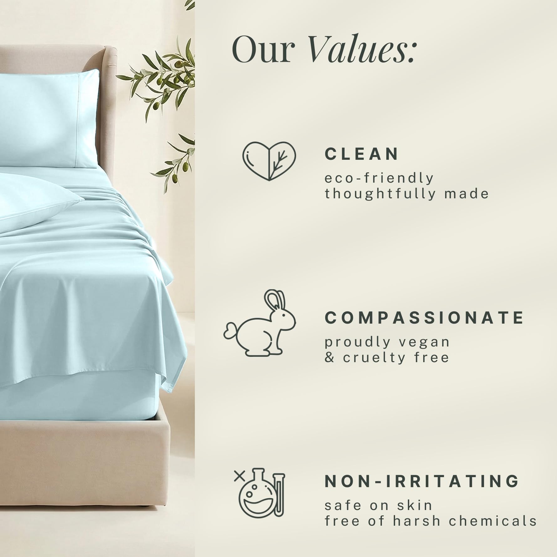 Hearth & Harbor bed in styled bedroom with aqua sheets, portrays inviting hotel-like look