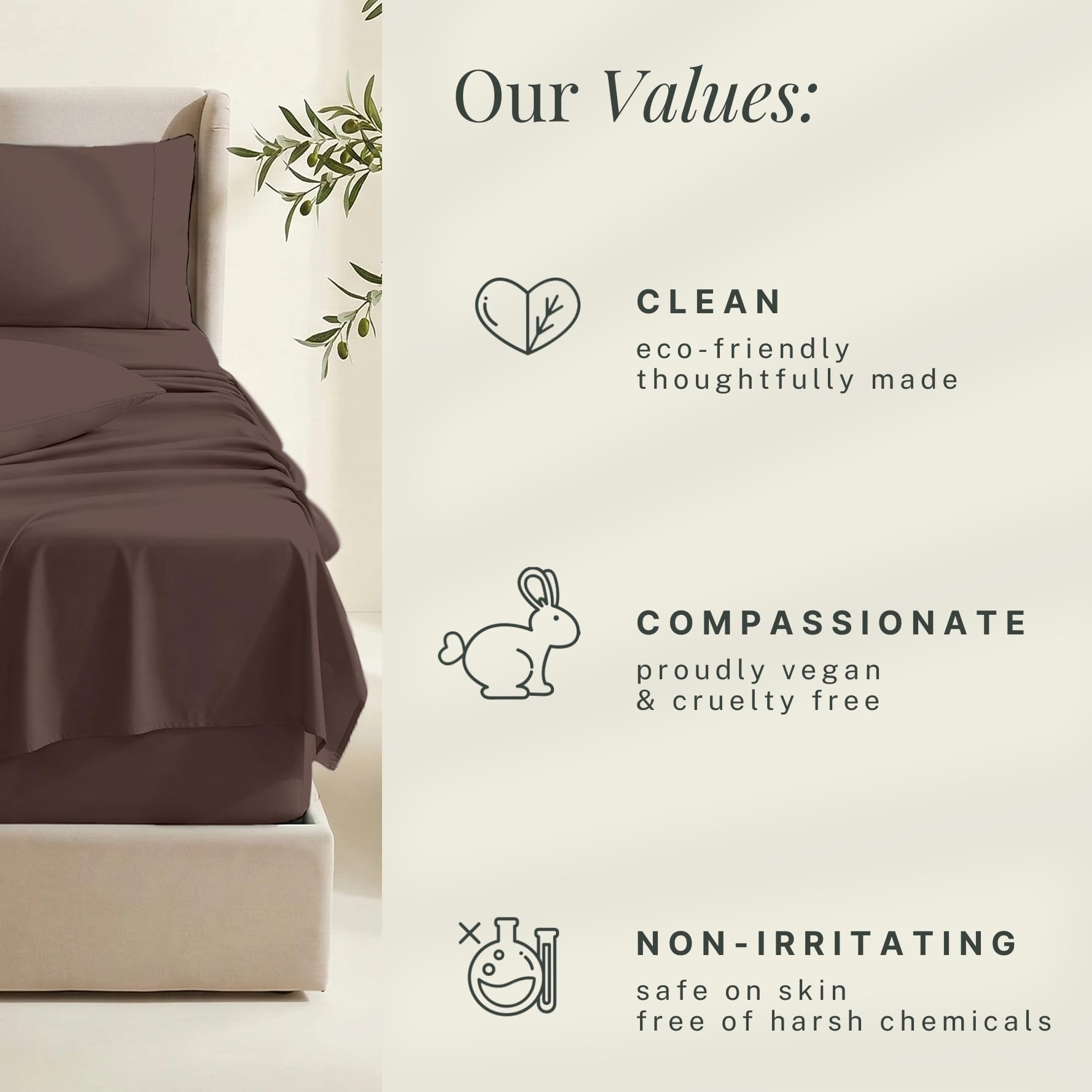Hearth & Harbor bedroom scene with brown sheets for warm styling