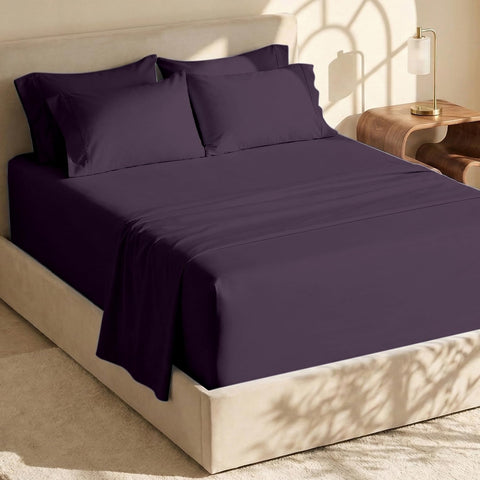 Hearth & Harbor front packaging showing eggplant 6-piece set and clear labeling benefit: complete bedding