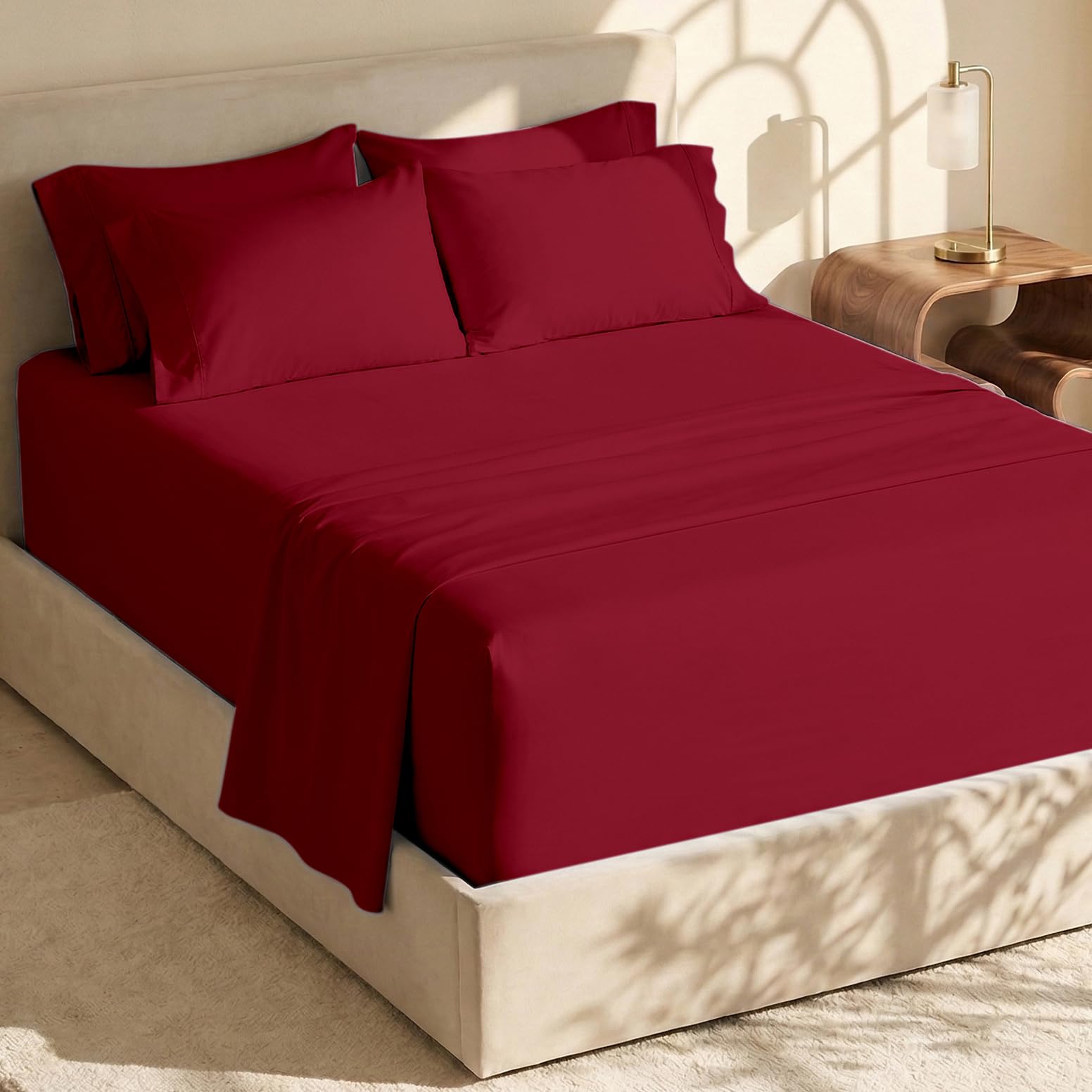 Hearth & Harbor front packaging shows burgundy 6-piece sheet set and benefits