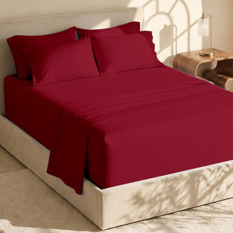 Hearth & Harbor front packaging shows burgundy 6-piece sheet set and benefits