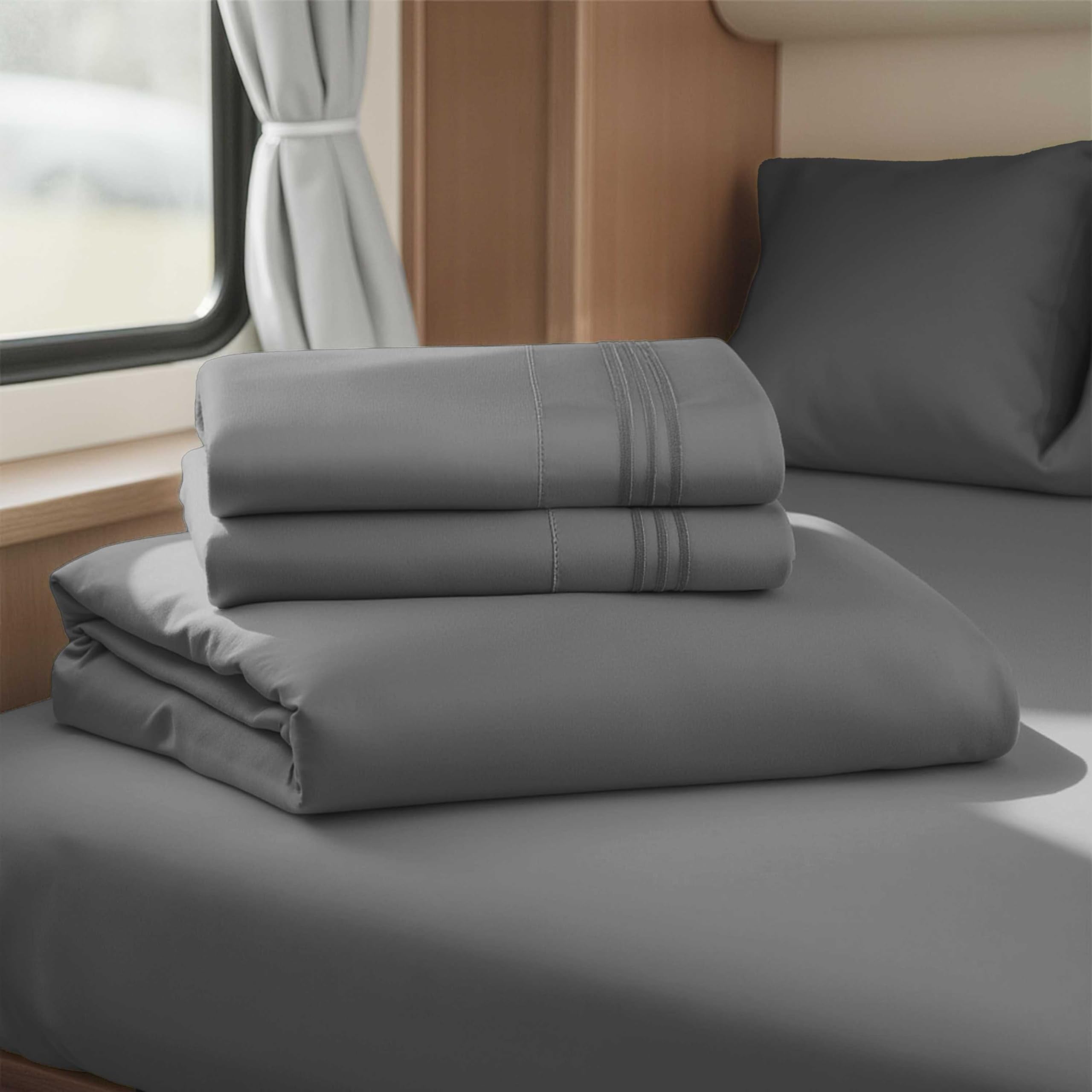 Hearth & Harbor front packaging showing dark grey RV sheet set and benefits