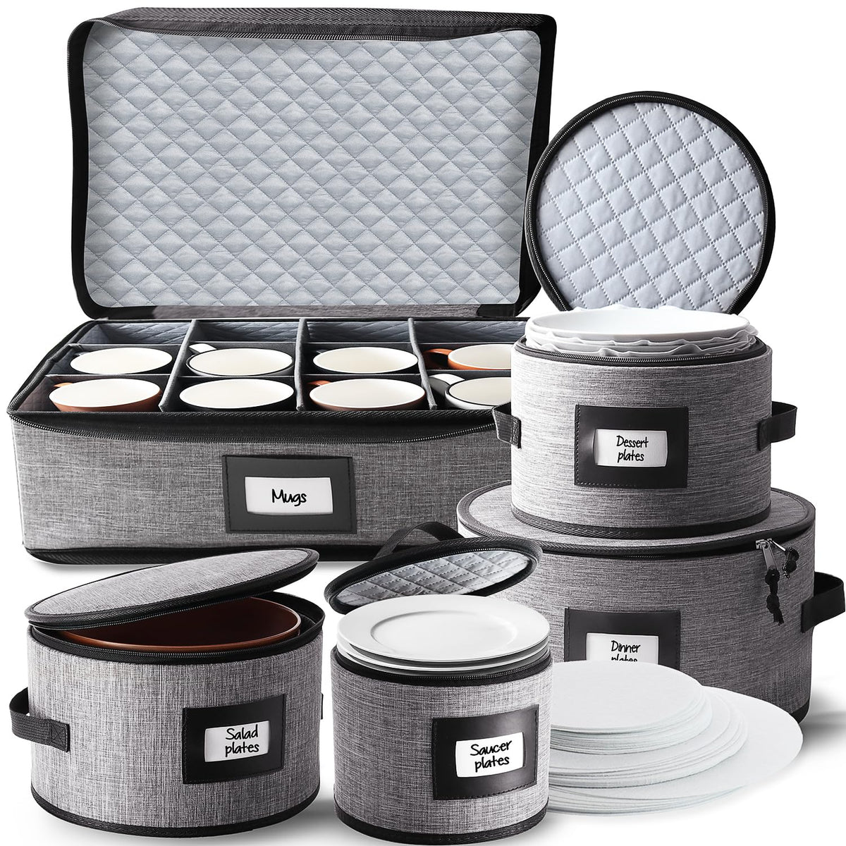 Hearth & Harbor front packaging showing grey hard-shell set protects dishes