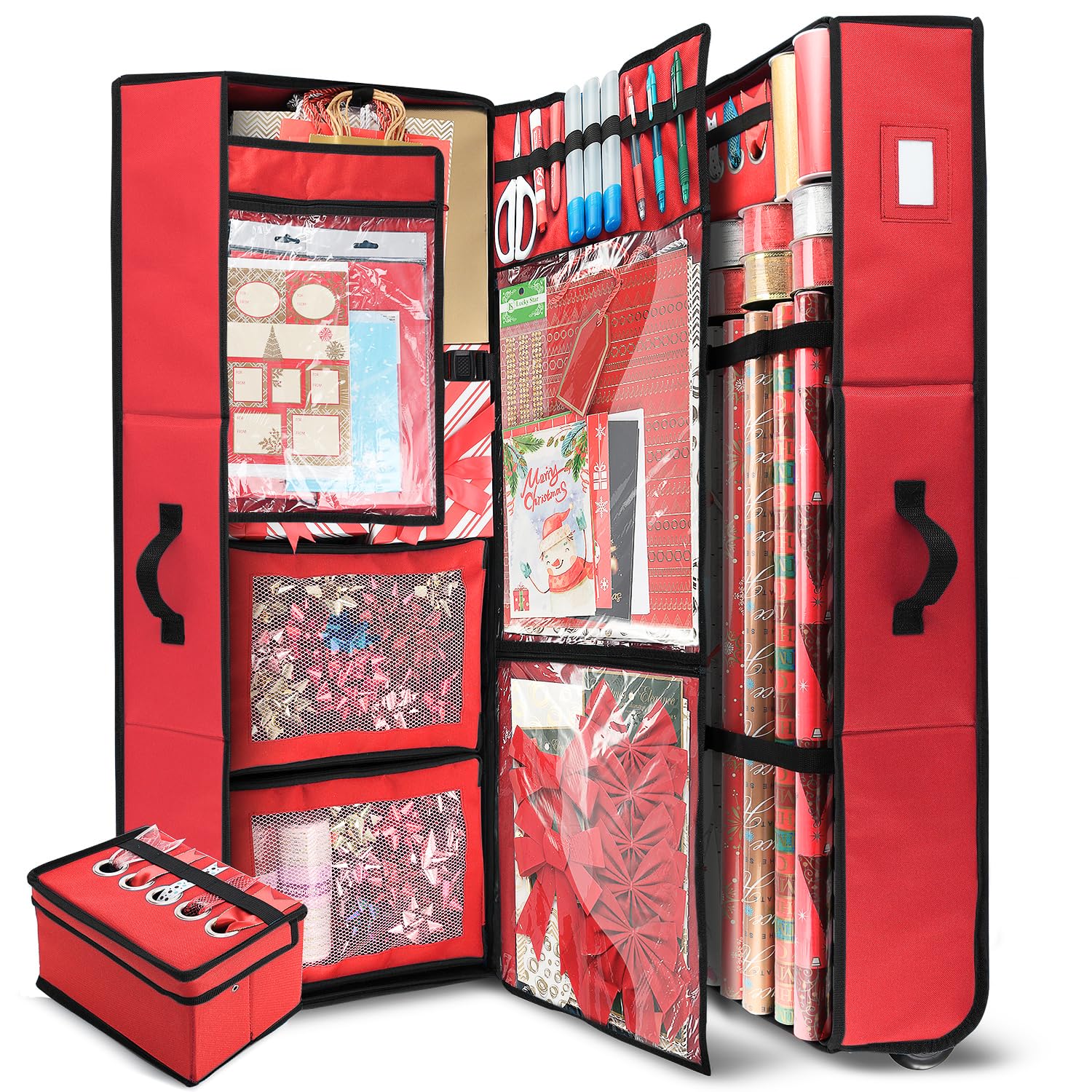 Hearth & Harbor front view showing red storage container and organized supplies