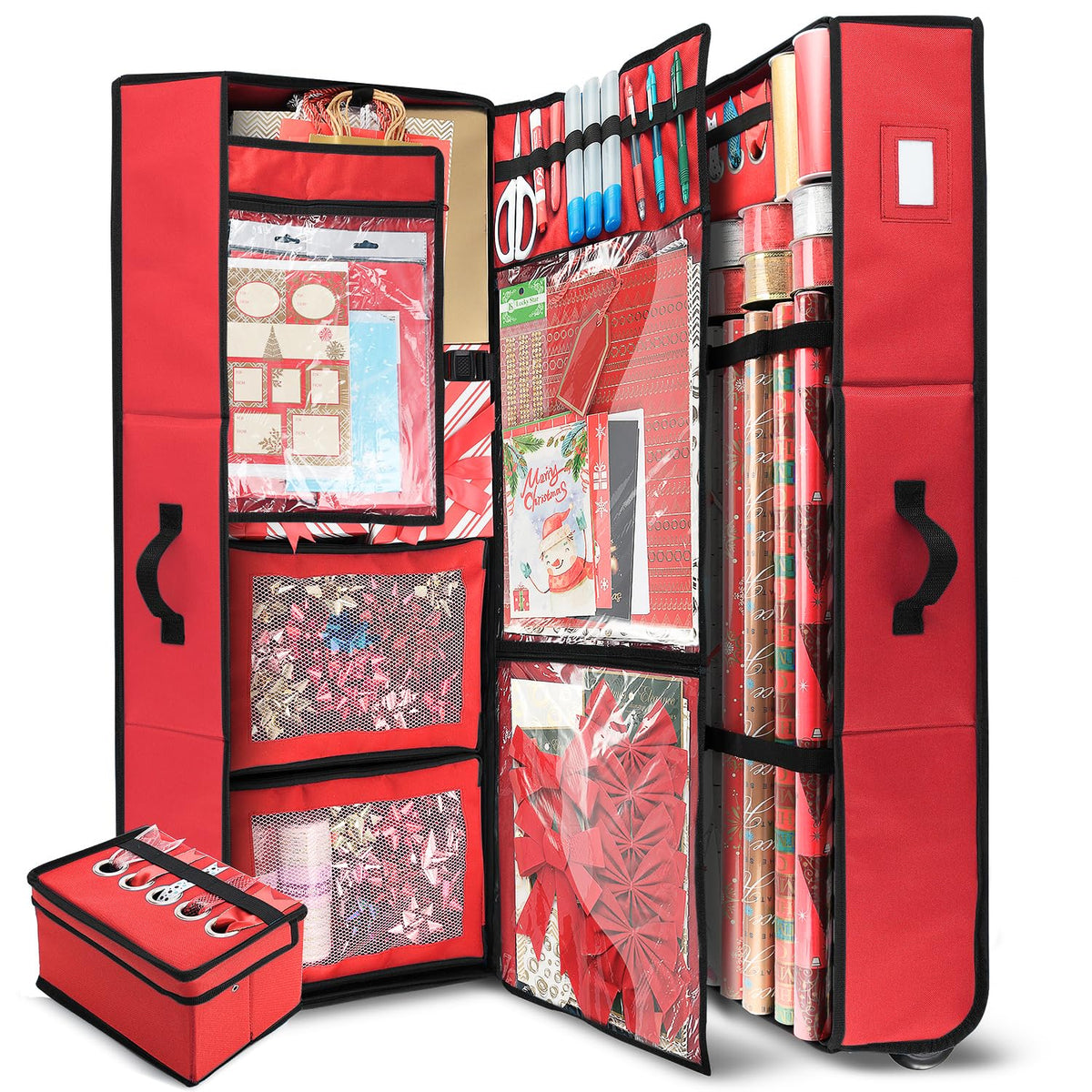 Hearth & Harbor front view showing red storage container and organized supplies