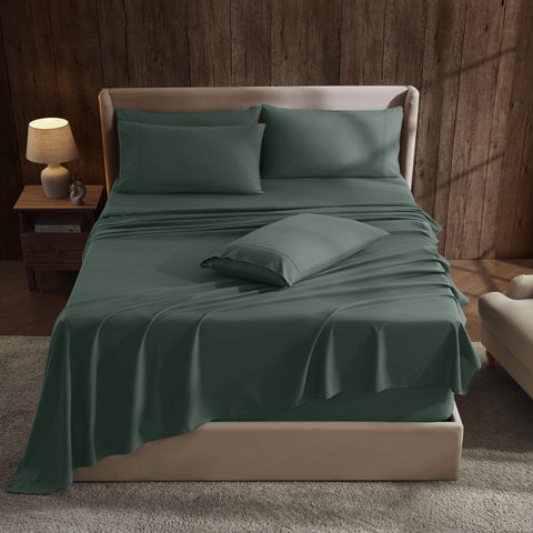 Hearth & Harbor front packaging showing king forest green sheet set and benefits