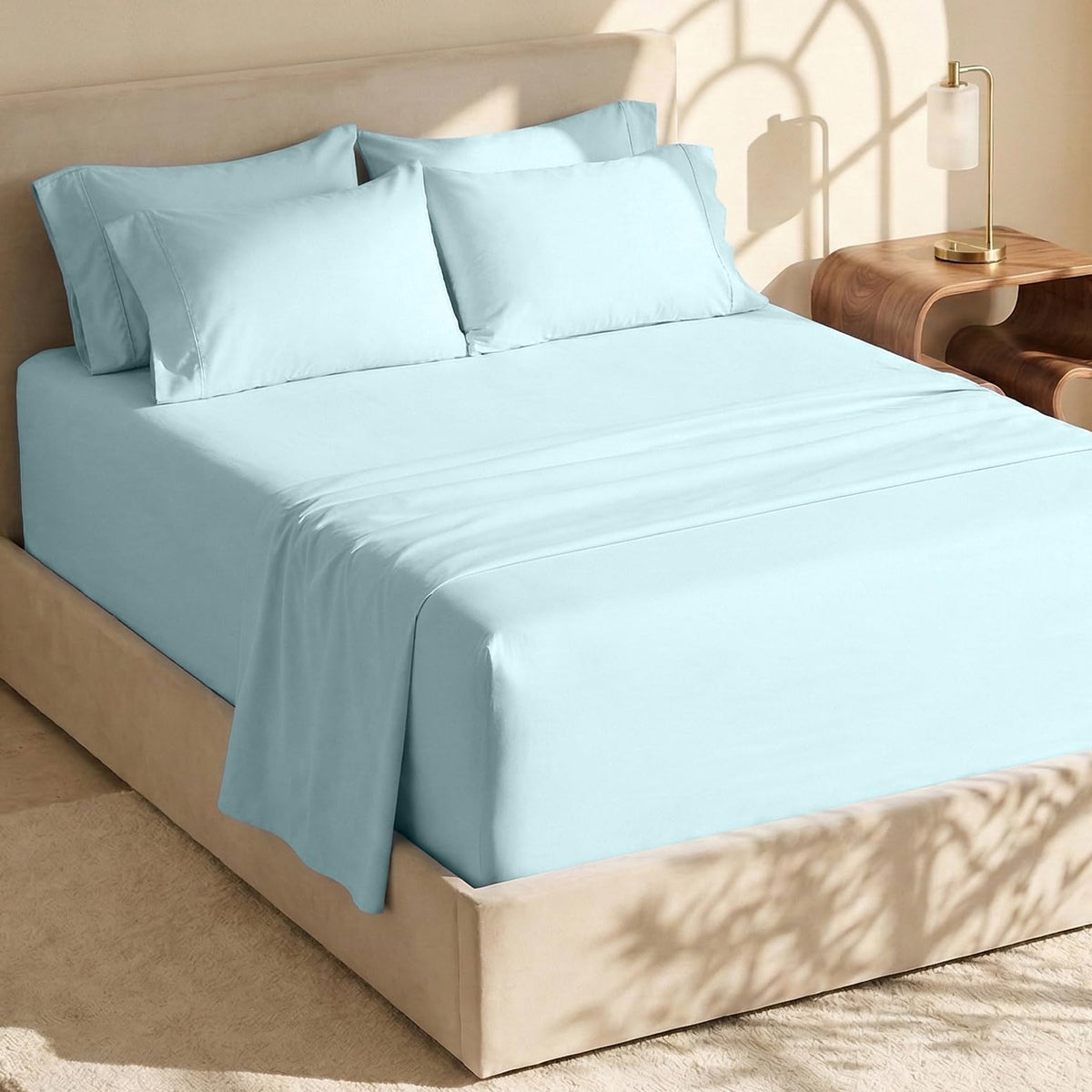 Hearth & Harbor front packaging of aqua blue king sheet set, shows complete 6-piece value