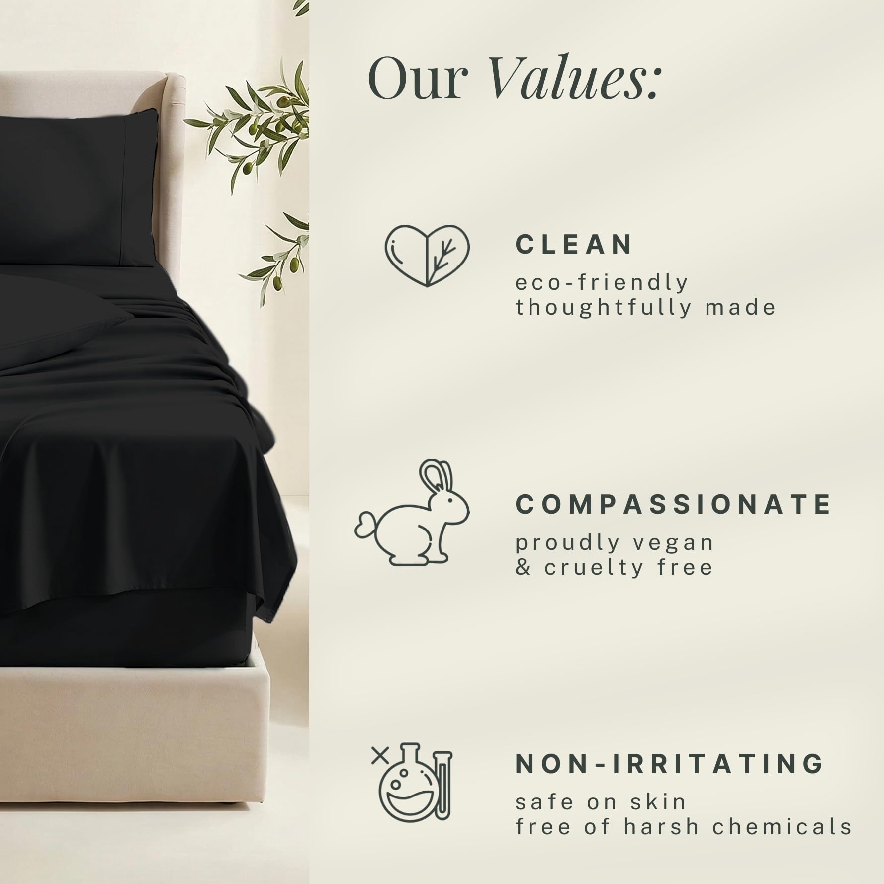 Hearth & Harbor styled bedroom with black sheets showing modern aesthetic benefit