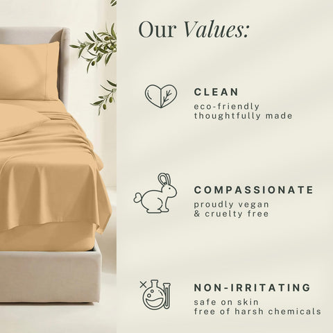 Hearth & Harbor made bed in bedroom showcasing camel sheets and inviting hotel-style comfort