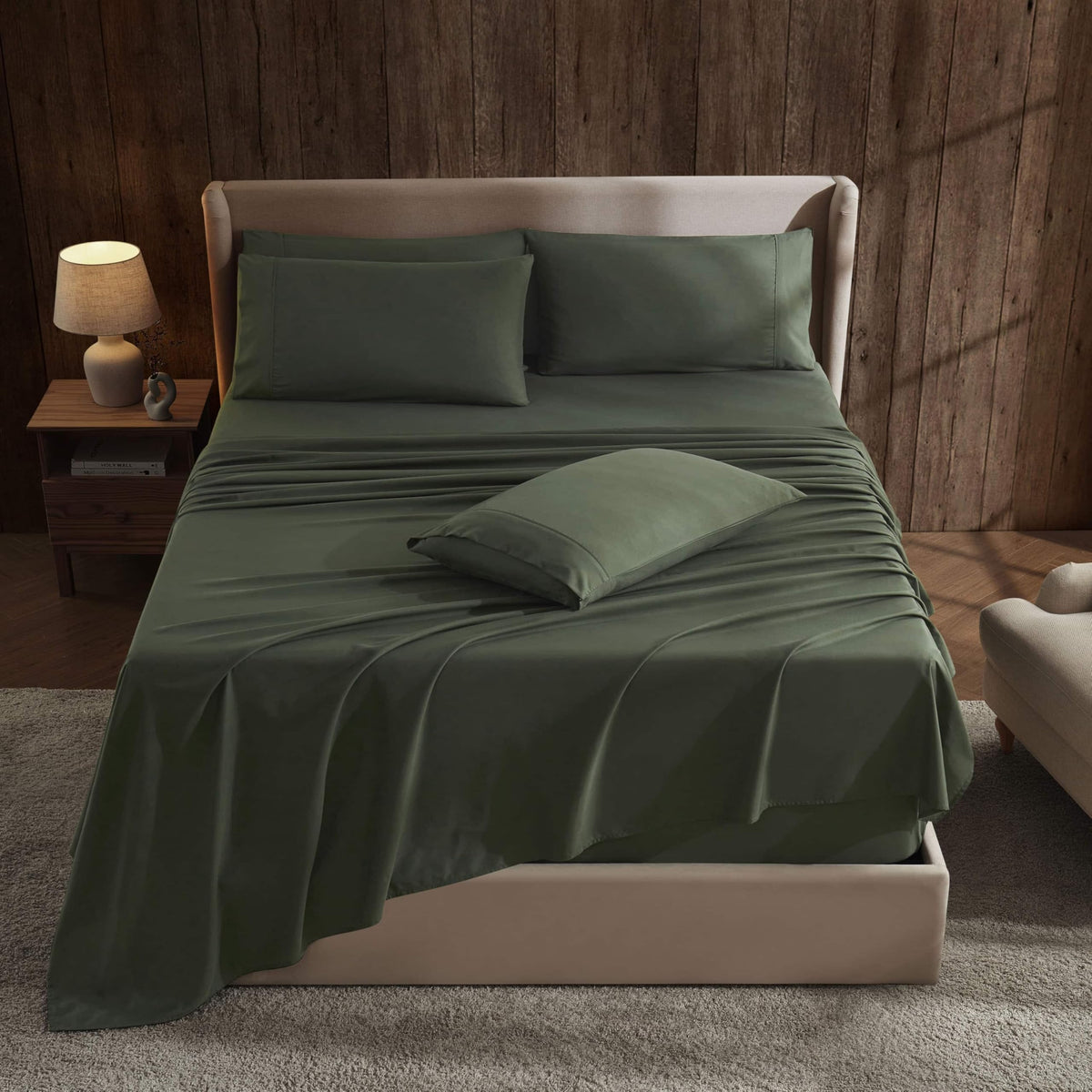 Hearth & Harbor front packaging view showing olive green sheet set and included pieces