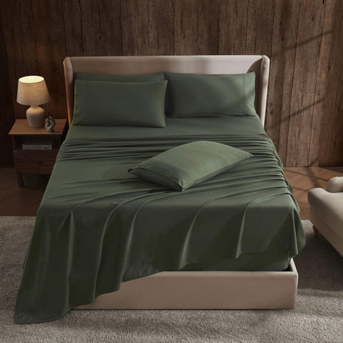 Hearth & Harbor front packaging view showing olive green sheet set and included pieces