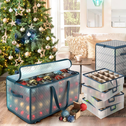 hearth & harbor ornament box next to hands showing scale and storage capacity