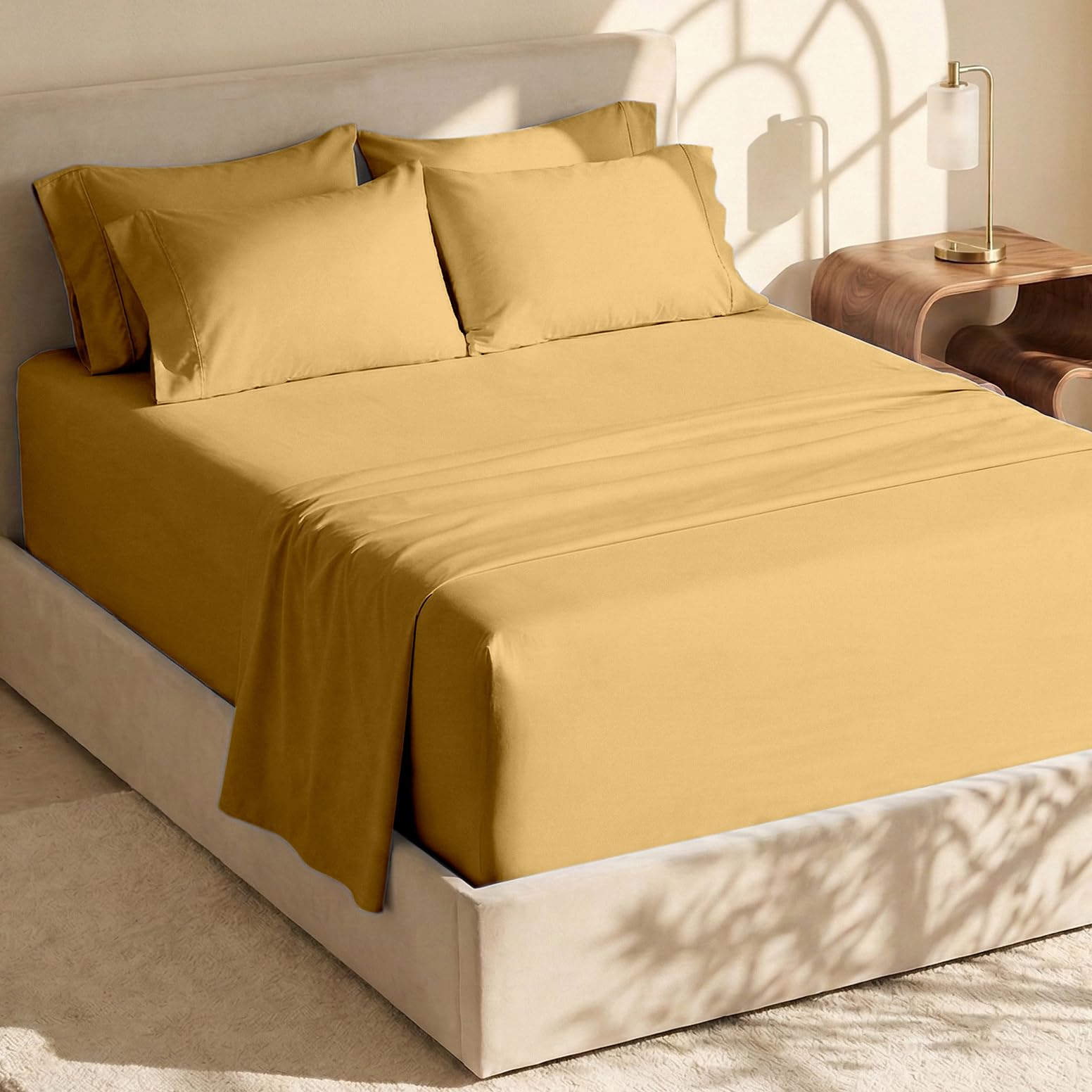 Hearth & Harbor front view of camel sheet set showing complete 6-piece bundle and neat presentation