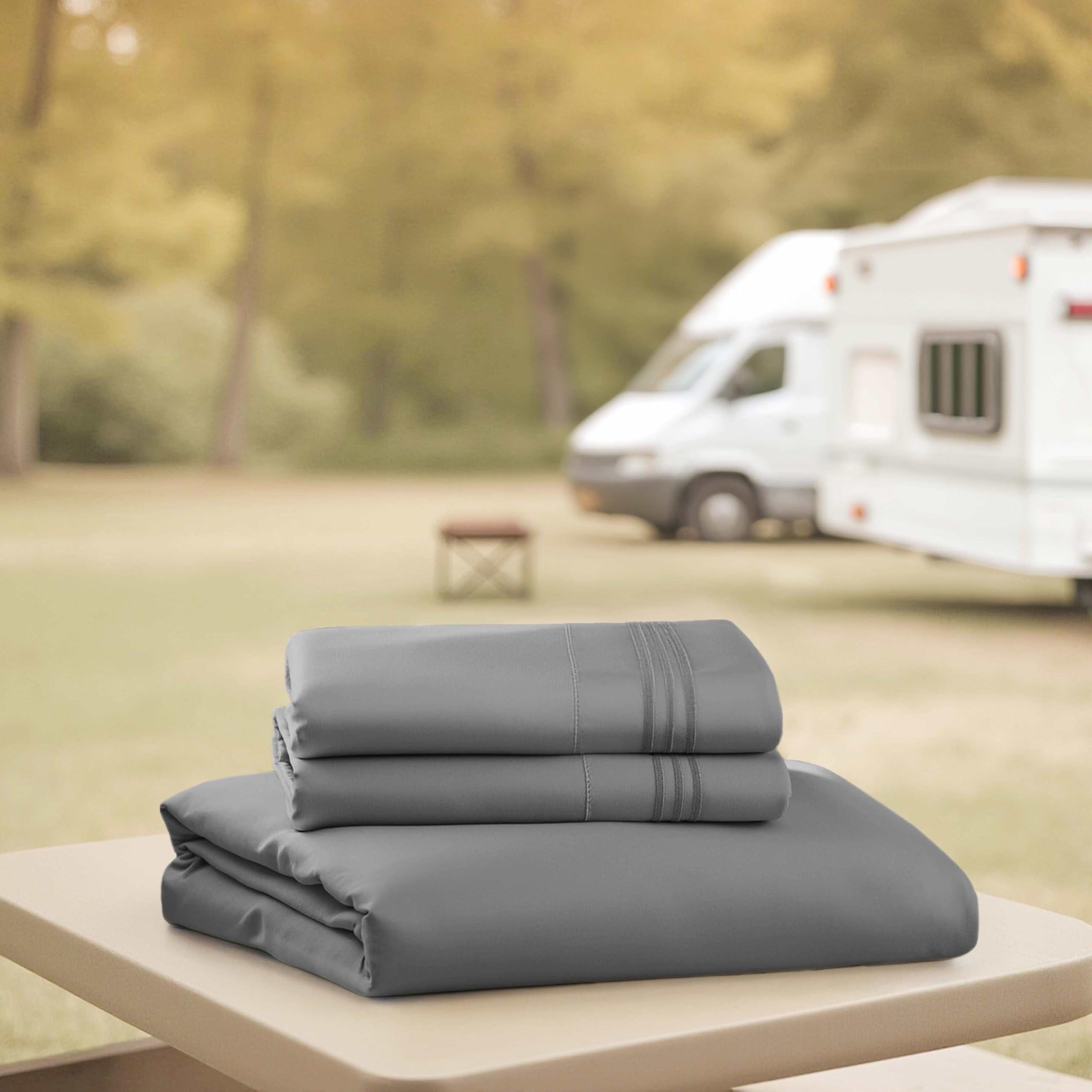 Hearth & Harbor sheets on an RV bed demonstrating comfy travel-ready bedding