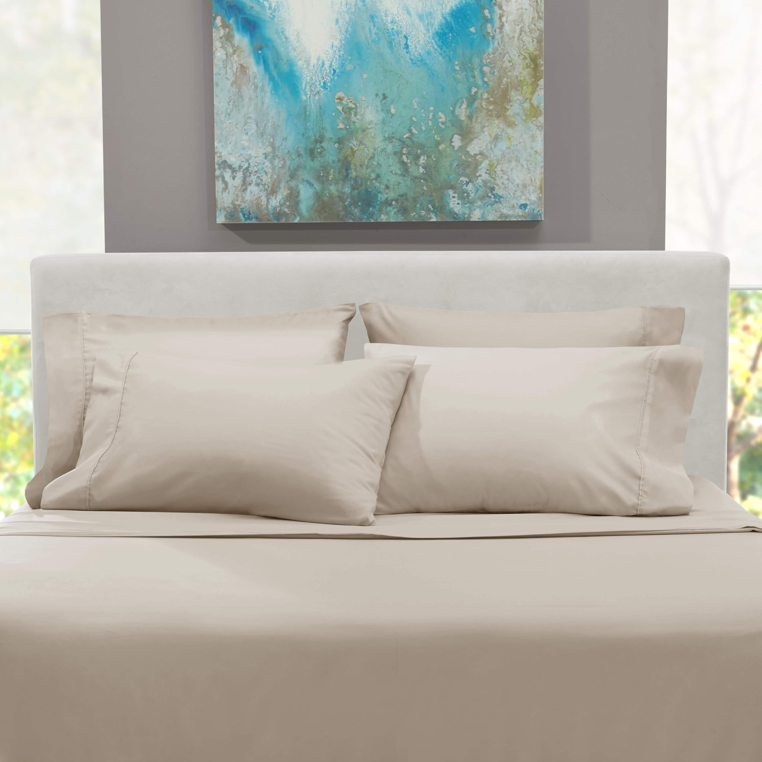 Hearth & Harbor fitted sheet on mattress showing fit on tall mattress benefit