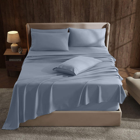 Hearth & Harbor front packaging of Stone Blue queen sheet set showing contents and color