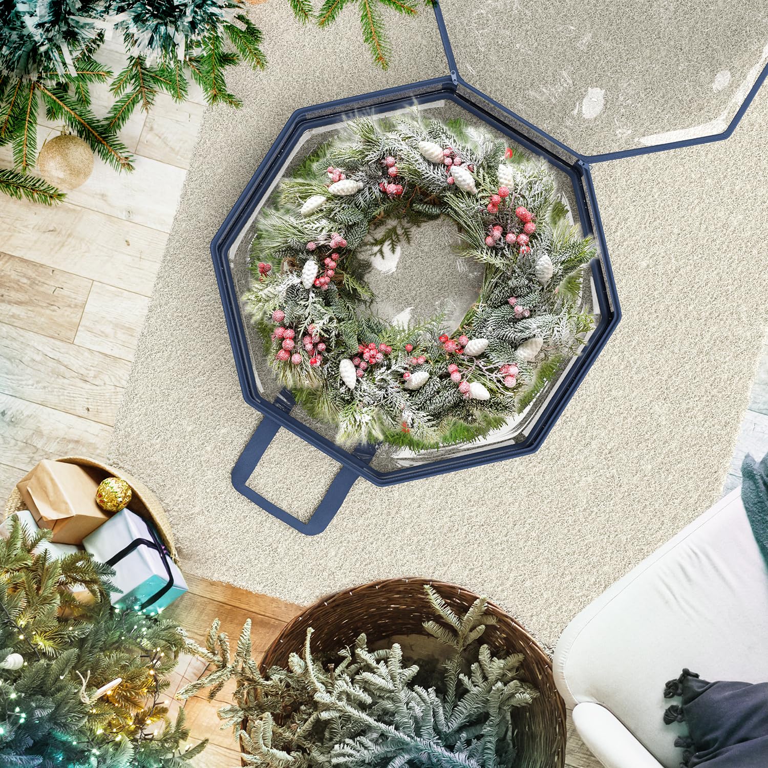 Hearth & Harbor box in entryway showing easy holiday setup convenience