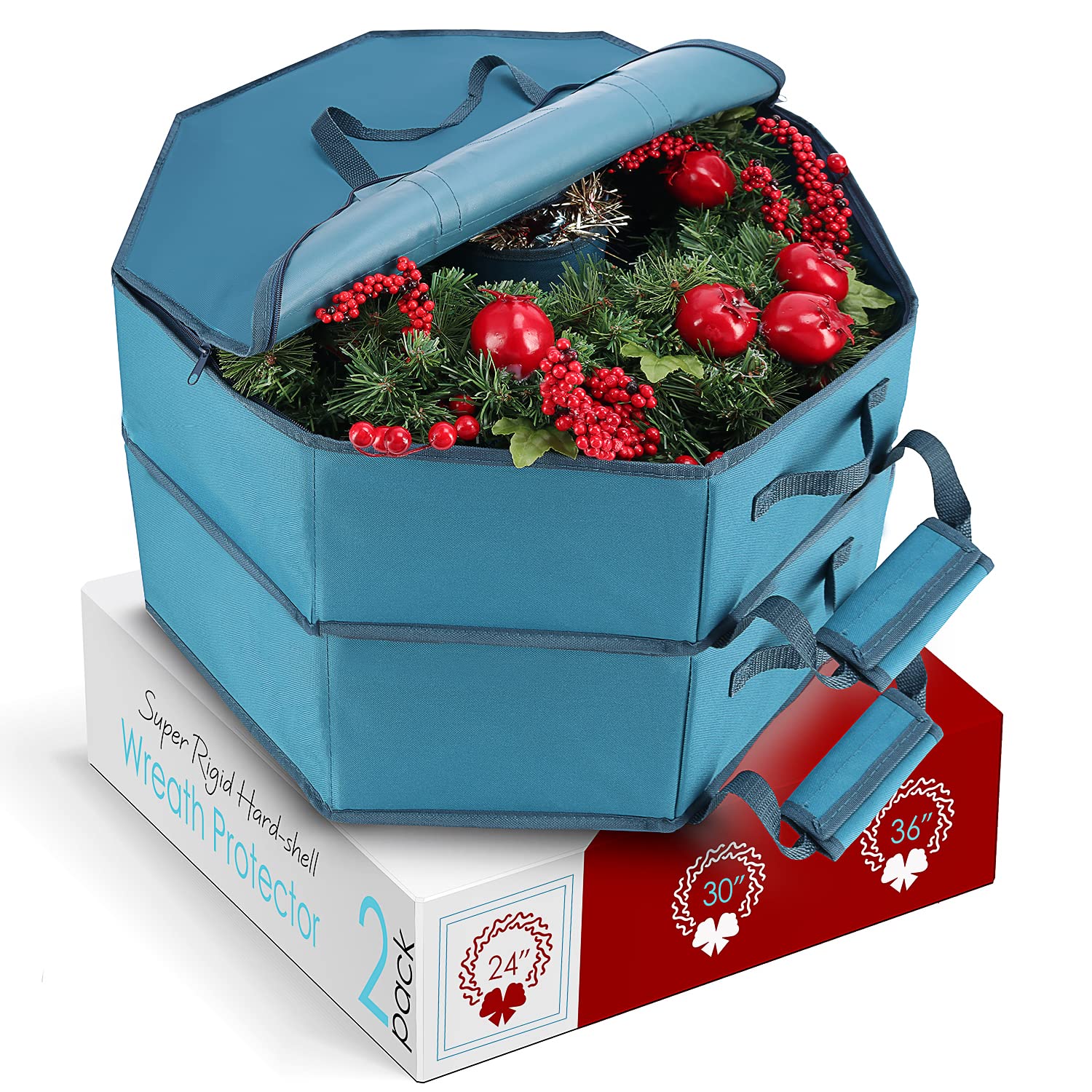 Hearth & Harbor front view of blue hard-shell wreath bag showing protective shape and color