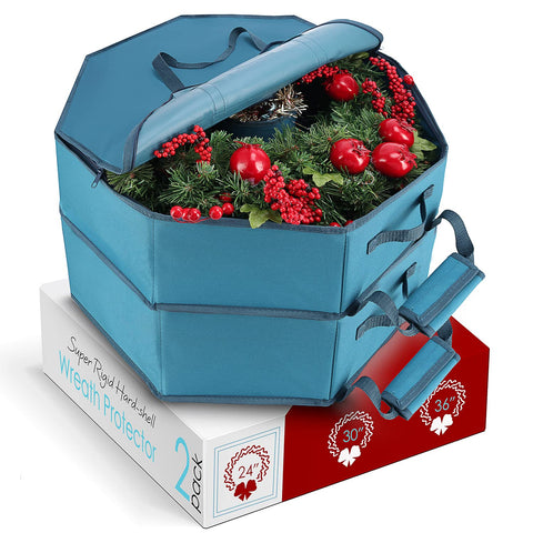 Hearth & Harbor front view of blue hard-shell wreath bag showing protective shape and color