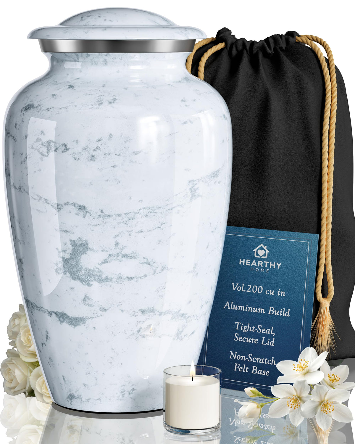 Hearthy Home front view urn showing dignified marble finish and elegant form