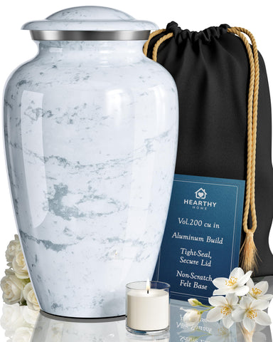 Hearthy Home front view urn showing dignified marble finish and elegant form